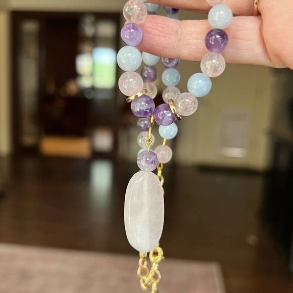 Amethyst and quartz bead necklace + earrings and bracelet - Picture 5 of 7